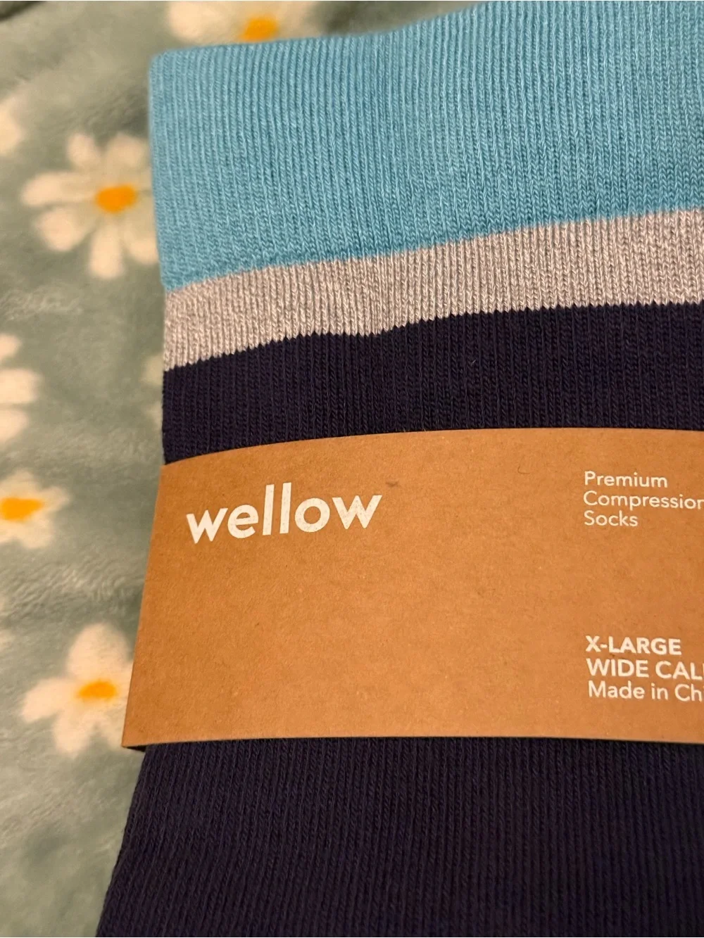 Wellow Blue Stripe Wide Calf Knee High Bamboo Compression Socks - size XL